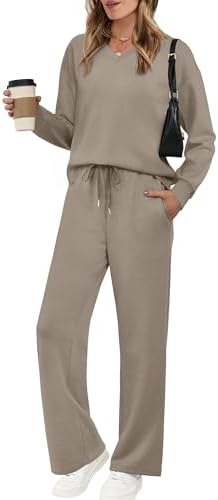 A soft light coffee knit two-piece lounge set with a relaxed V-neck top, dropped shoulders, and wide leg pants.