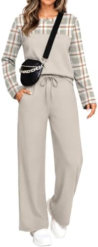 Soft beige plaid pairs with a relaxed cut in this coordinated two-piece set, designed for breezy travel and weekend lounging.