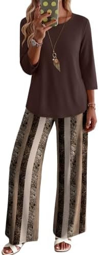 Warm khaki stripes give this two-piece set an earthy tone, matching a three-quarter sleeve top with pocketed long pants.