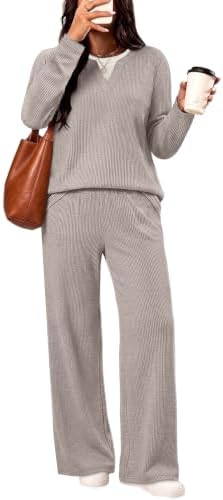 Light textured knit shapes this neutral beige lounge set, combining a relaxed long sleeve top with wide-leg pants.