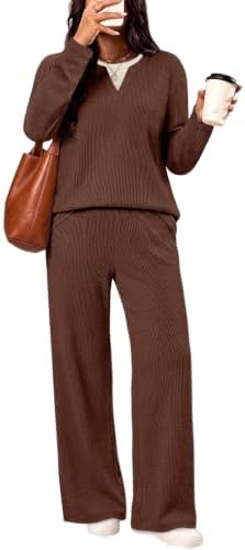 A deep coffee knit shapes this relaxed two-piece set, pairing a long sleeve v-neck top with easy wide-leg pants.