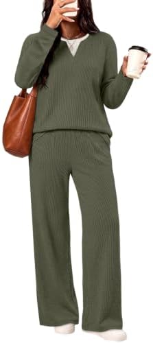 Textured green knit brings a rich earthy tone to this two-piece set, cut with a long sleeve V-neck and relaxed wide pants.