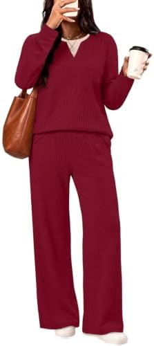 Deep wine red brings rich autumn color to this lightweight knit set with a long sleeve V-neck top and easy wide-leg pants.