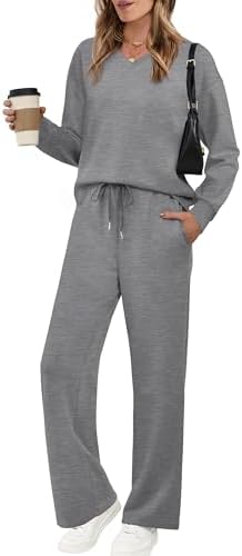 Heather grey knit shapes this two-piece set, combining a soft V-neck pullover with wide leg pants for easy travel days.