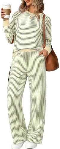 Smooth stretch rib knit shapes this striped lounge set, pairing a relaxed crewneck top with flowy wide-leg pants.