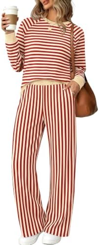Alternating bands of red and beige run across a soft ribbed knit, pairing a raglan crewneck top with wide-leg lounge pants.