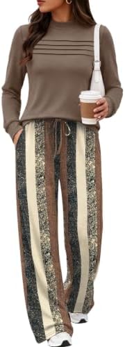 Striped wide-leg bottoms meet a mock neck long sleeve top with neat front pleats for a coordinated cool-weather look.