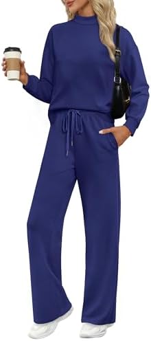 Deep navy spacer knit brings a polished look to this long sleeve mock neck top and matching wide leg lounge pants.