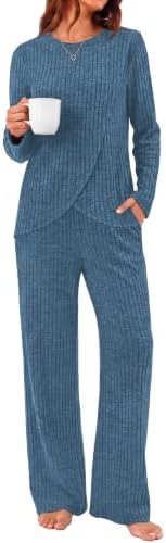 A cool blue two-piece lounge set knit with plenty of stretch and finished with a subtle curved hem for travel days.