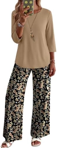 A curved-hem top and floral pants in neutral khaki and black make this matching knit duo ready for warm afternoons.