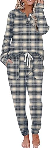 Woven with a beige and black grid, this soft two-piece set pairs a henley long sleeve top with matching drawstring sweatpants.