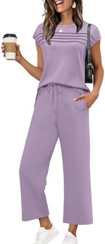 Draped spacer knit in muted grey purple pairs a pleated cap-sleeve top with breezy wide-leg cropped bottoms.