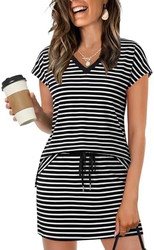 Crisp black stripes pattern this breezy two-piece set, cut with a notched V-neck top and a lined tennis skort.