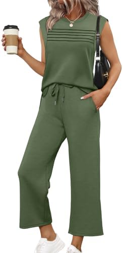 A breezy spacer knit two-piece set in fresh green, paired with a cap sleeve top and easy wide leg cropped pants.