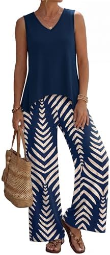 A breezy split-hem tank and wide-leg pant set cut from stretchy knit in a sharp navy geometric print.