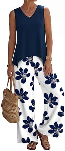 A deep navy backdrop covered in light botanicals gives this breezy tank and wide-leg set a fresh vacation feel.