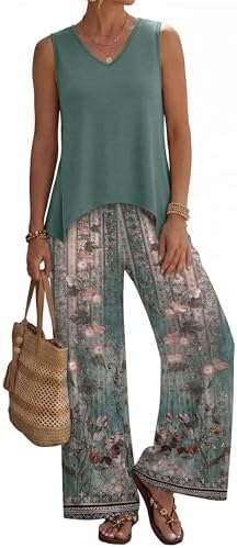 Swirling teal boho print covers this breezy two-piece set, pairing a split-hem sleeveless tank with easy wide-leg pants.