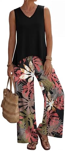 Lush botanicals meet an airy two-piece cut, featuring a split-hem sleeveless top and breezy wide-leg pants.