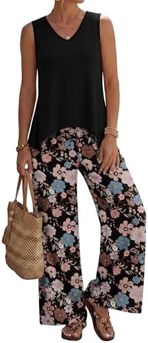 Dark botanical blooms cover this airy two-piece set, cut with a vented sleeveless top and sweeping wide-leg pants.