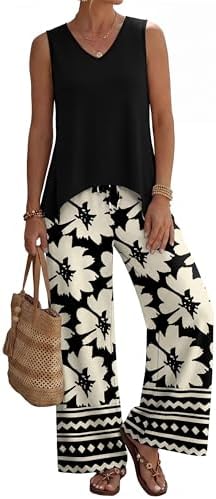 Crisp black and white botanicals give this sleeveless tank and wide-leg pant set a clean, breezy look for warm getaways.
