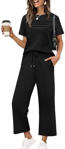 Spun from light four-way stretch spacer knit in deep black, this short-sleeve top and cropped wide-leg set packs easily for travel.
