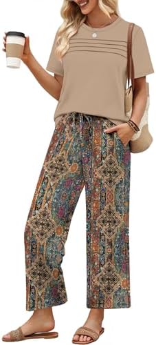 An intricate ethnic print covers these cropped wide-leg pants, paired with a soft short-sleeve top for easy resort days.