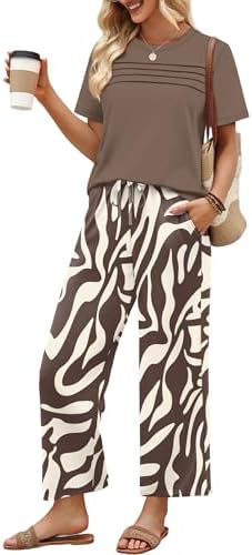Cut with subtle front pleats and a cropped wide leg, this two-piece set in warm brown print packs small and wears easy.