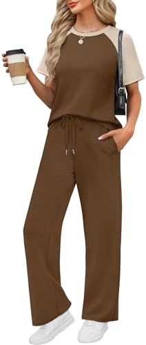 Rich chocolate brown panels bring a warm, grounded look to this breathable spacer knit top and matching wide-leg pants.