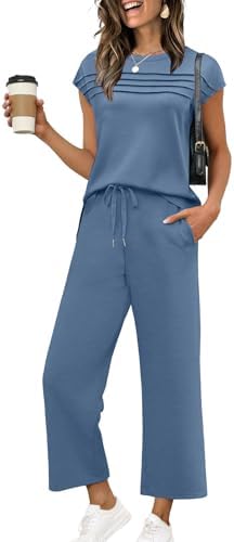 Spun in an airy blue spacer knit, this matching duo combines a pleated cap-sleeve top with relaxed wide-leg cropped pants.