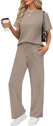 A lightweight spacer knit set in rich coffee brown, pairing a color-block crew tee with fluid wide-leg lounge pants.