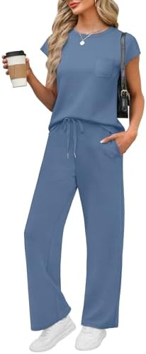 Drapey spacer knit shapes this breezy two-piece set, pairing a cap-sleeve top with relaxed wide-leg pants in cool blue.