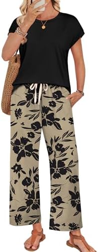 Botanical motifs across deep brown ground give this cap-sleeve top and wide-leg pant set a grounded look for warm travel days.