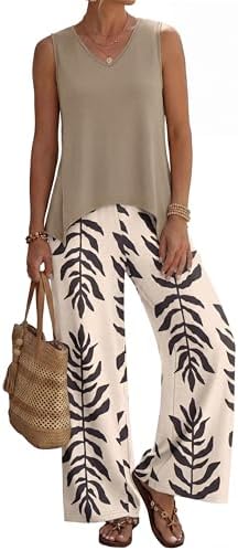 Soft beige leaf botanical patterns bring an airy resort feel to this stretchy sleeveless tank and wide leg lounge set.