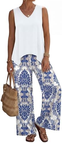 A crisp blue and white botanical print gives this soft sleeveless tank and wide leg pant set a breezy seaside feel.