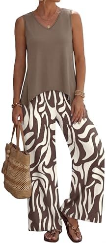 A graphic brown zebra print energizes this breezy two-piece set, pairing an asymmetric sleeveless top with flowy wide-leg pants.