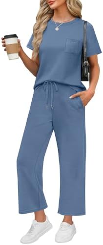 Spun from drapey spacer knit in classic blue, this crewneck top and cropped wide-leg set moves easily on warm travel days.