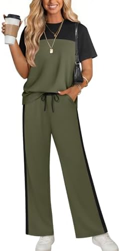 Side stripes down the legs give this olive green knit set a crisp track-inspired line for long travel days.