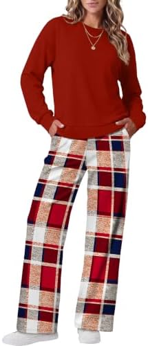 A seasonal festive print brings character to this long sleeve crewneck top and high waist wide leg lounge pant set.
