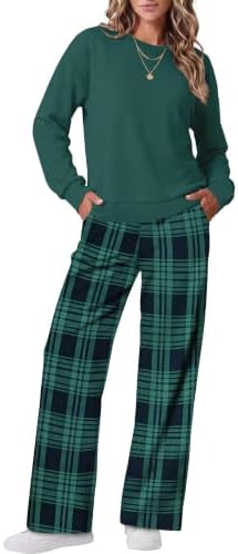 A vibrant green plaid pattern enlivens this cozy two-piece lounge set, cut with long sleeves and wide legs for cool evenings.