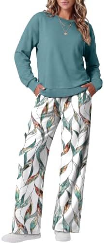 Crisp teal botanical shapes bring breezy pattern to this soft, full-coverage sweatshirt and wide leg pant set.