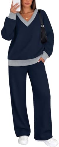 A soft navy blue and grey knit pairing a ribbed V-neck top with easy wide leg sweatpants.