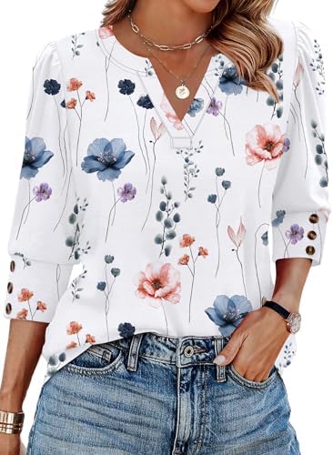 Crisp white blooms dot this airy blouse, tailored with triple-button three-quarter cuffs and a neat curved hem for warm workdays.
