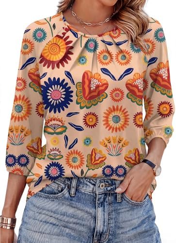 Beige retro floral print brings subtle vintage charm to this three-quarter sleeve top, finished with soft front pleats.