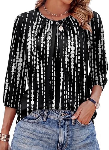 Swirling black and white tie dye gives this pleated three-quarter sleeve top an easy graphic edge that dresses up or down.