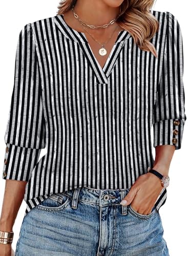 Black stripes sharpen this three-quarter sleeve top, cut with a clean V-neck and triple-button cuffs for work or weekends.
