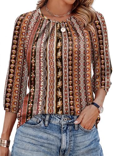 An earthy brown tribal print meets front pleats and three-quarter raglan sleeves for easy business casual days.