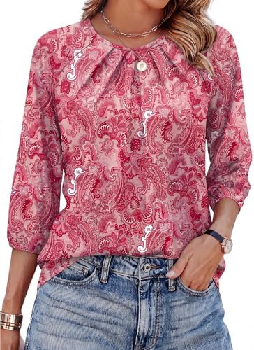 A soft pink paisley print meets three-quarter puff sleeves and gentle front pleats on this easy stretch tunic.