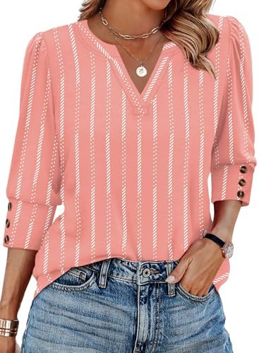 A crisp pink stripe patterned across a breezy knit tunic with neat three-quarter sleeves and tailored cuffs for warm afternoons.