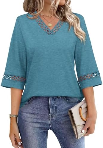 Delicate eyelet lace trims the V-neck and bell cuffs of this vibrant turquoise blouse, cut loose for warm afternoons.