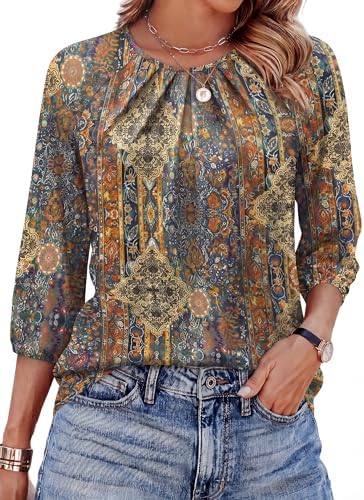 Crisp blue boho stripes meet pleated front detailing and soft three-quarter puff sleeves in this light, breathable blouse.